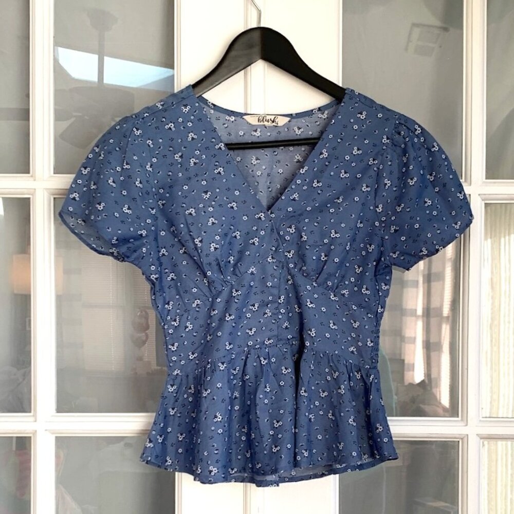 Hint of Blush Cinched Waist Mini Puff Sleeve V-neck Blouse